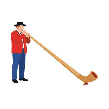 Man playing Alphorn, traditional Swiss music, cultural folk instrument, alpine musician