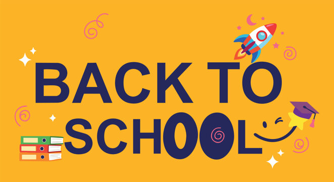 Back to school banner text design. rocket ship, graduation cap, smiling face, stacked books. for playful elementary education posters, student welcome layouts. flat outline vector art.
