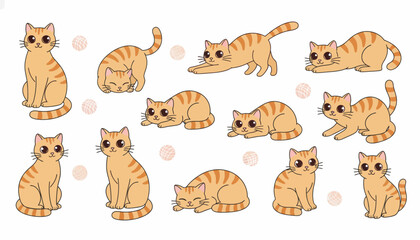 Fototapeta premium Cats with orange stripes are depicted in multiple charming stances to celebrate feline personality and movement.
