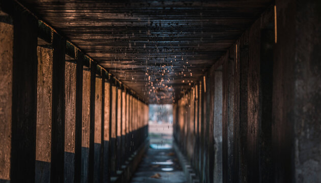 A dark, narrow tunnel with wooden walls and ceiling, illuminated by soft natural light at the far end, creating a sense of depth and perspective.