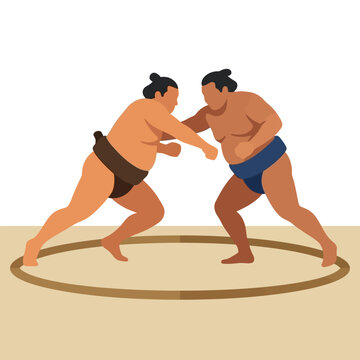 Sumo wrestlers fighting in a dohyo ring, Japanese martial art, active sport