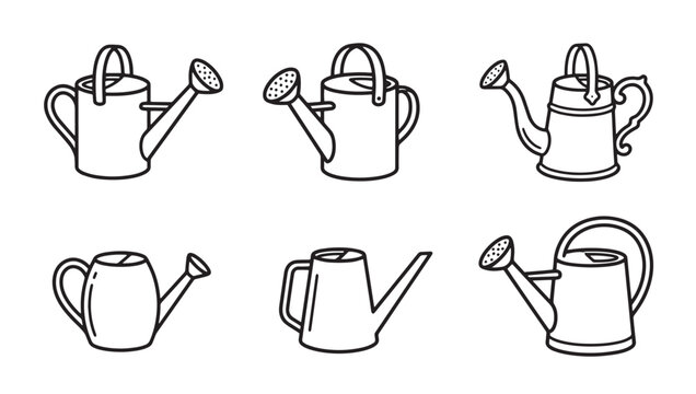 Collection of different garden watering cans for plant care vector icons with watering gardening equipment agriculture irrigation container handheld illustration collection maintenance