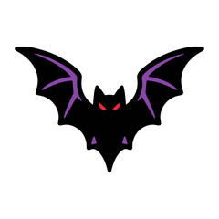 Fototapeta premium A stylized flat vector illustration of a spooky bat with red eyes and purple wing details.