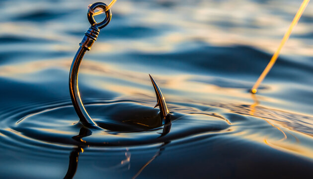 A fishing hook is submerged in water, attached to a fishing line, with ripples and reflections on the water surface, indicating a scene of fishing activity.