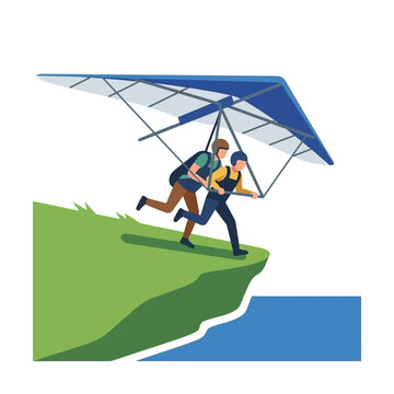 Two people running off cliff with hang glider, adventure sport