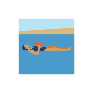 Woman Floating Calmly on Back in Blue Water Holding Orange Book