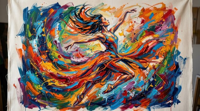 A vibrant, abstract painting of a dancing figure with a dynamic, swirling color palette and expressive brushstrokes.
