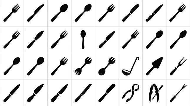 Comprehensive set of 32 black kitchen utensil silhouettes including various forks, knives, spoons, ladles, and specialty tools isolated on a white grid background for culinary design.
