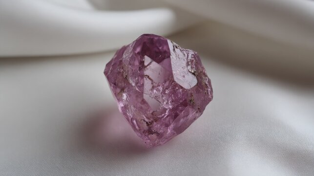 A raw, translucent kunzite crystal with delicate lilac and pink hues showcases natural beauty