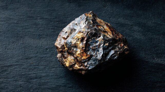 Rough bronzite mineral specimen with a striking metallic bronze sheen resting on a dark textured surface