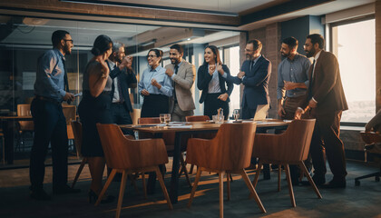 Fototapeta premium A group of professionals in formal attire engaging in a lively discussion or celebration around a conference table in a modern office setting with large windows and city views.