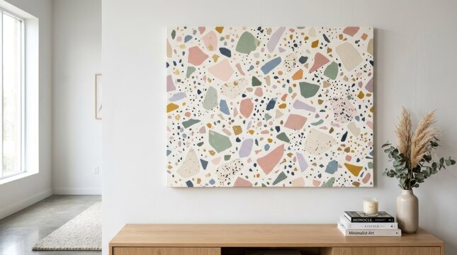 A colorful terrazzo pattern canvas hanging on a white wall, with a wooden table and pampas grass in the foreground.