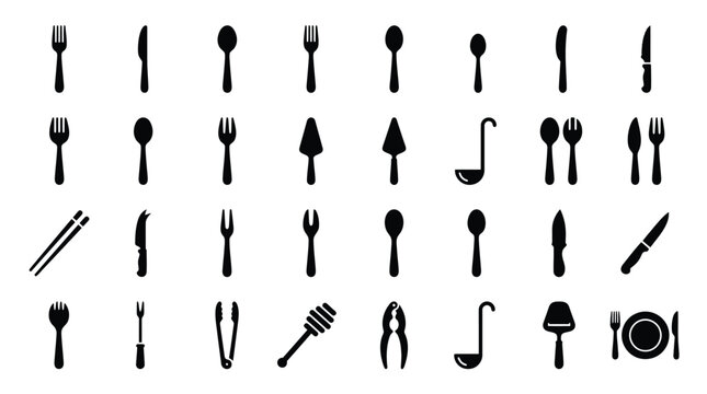 Collection of black kitchen utensil silhouettes including forks, knives, spoons, ladles, chopsticks, and tongs isolated on a white background for restaurant or cooking design projects.
