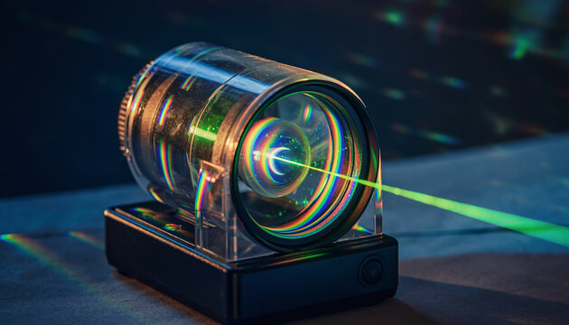 A laser beam projects through a transparent cylindrical device, creating colorful light patterns and reflections on a dark surface, demonstrating optical effects and laser technology.