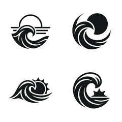 Naklejka premium Black wave icons with sun and moon.