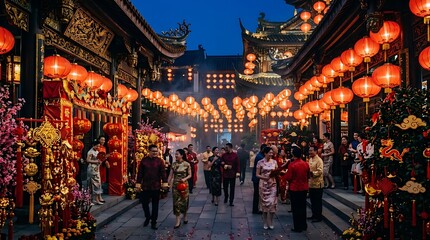 Fototapeta premium Chinese New Year celebration in historic town. People walking under glowing red lanterns.