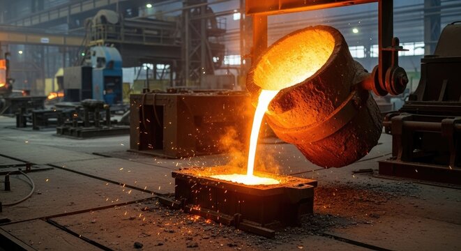 Molten metal pouring in factory.