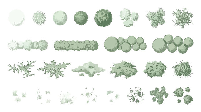 Landscape architecture plan symbols, collection of 25 green tree and shrub top view icons, garden design vector elements for site mapping