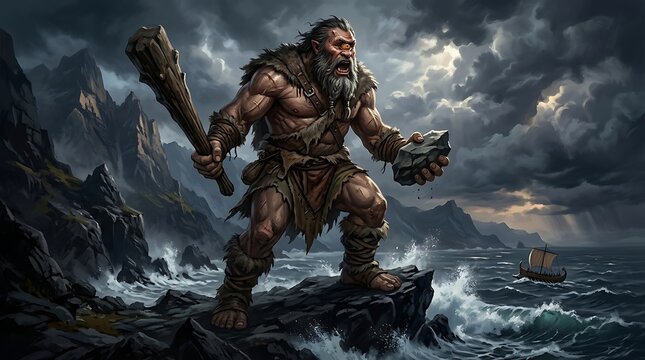 Cyclops standing on rocky coast. Mythological giant holding club by stormy ocean.