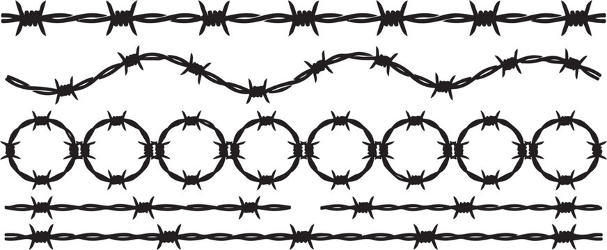Black barbed wire vector set with straight lines wavy patterns and circular shapes for design isolated on transparent background, Vector