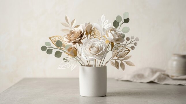 A paper flower arrangement in a white vase on a table with a neutral background.