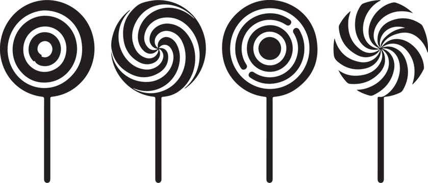 Set of four black and white lollipop candy icons with swirl and circle patterns isolated on transparent background, Vector