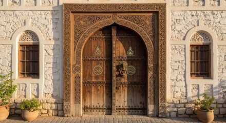 Obraz premium Ornate wooden door with carved stone walls.
