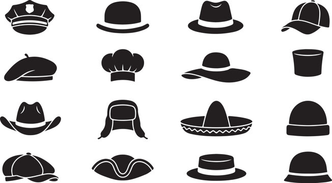Set of black hat and cap icons including police, baseball, chef, cowboy, and top hat designs isolated on transparent background, Vector