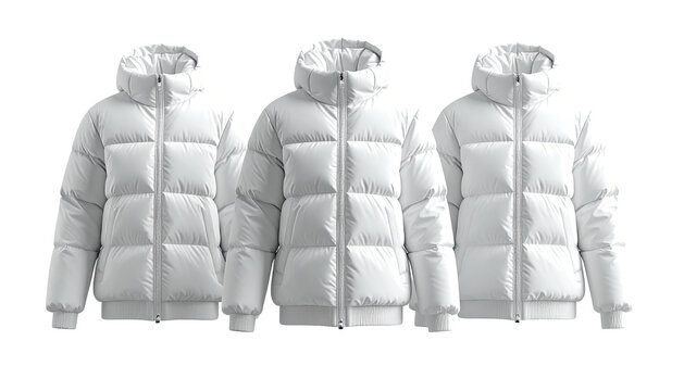 Three white, puffy winter jackets arranged in a neat row