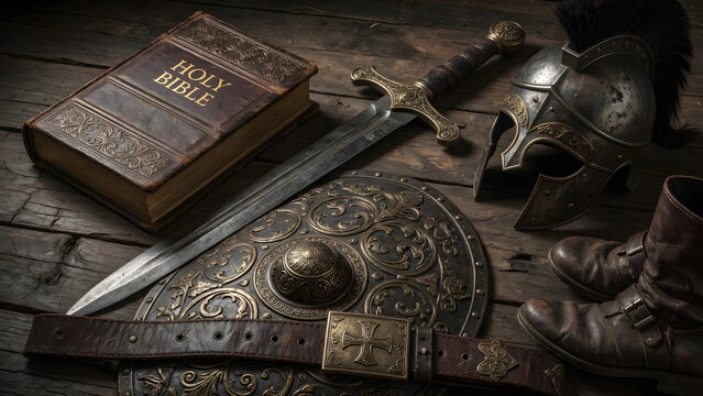 A Knight's Faith and Fortitude: A testament to unwavering belief and steadfast defense, this image displays a worn Holy Bible alongside medieval armor, a sword, a shield, and boots.