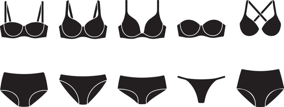 Set of black women lingerie icons including different styles of bras and panties isolated on transparent background, Vector
