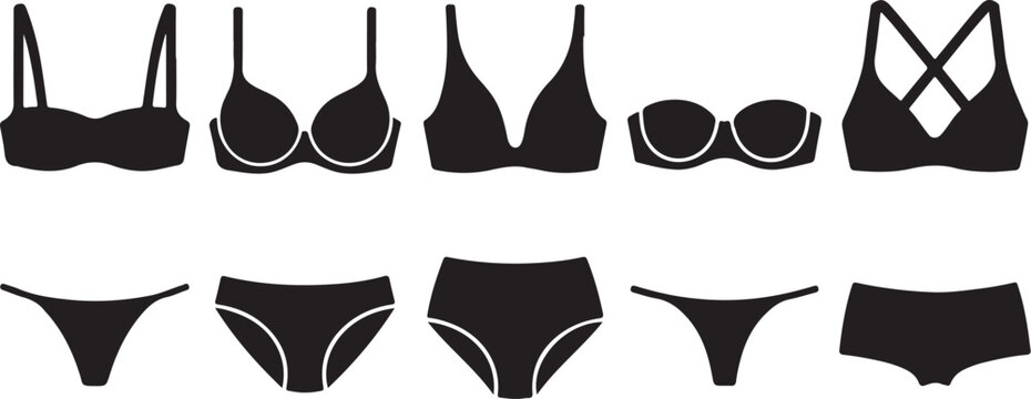 Set of black female lingerie icons including bras and panties in different styles isolated on transparent background, Vector