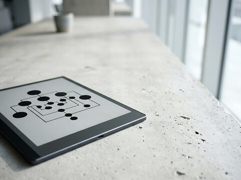 Modern Electronic Paper Tablet Displaying a Technical Flowchart on a Minimalist Concrete Surface