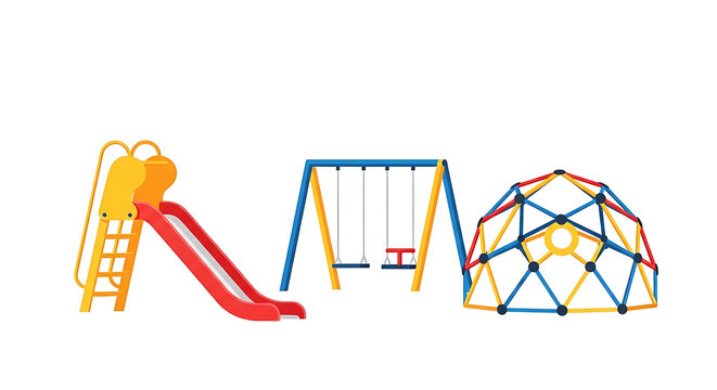 Colorful playground clipart set featuring a red slide a blue swing set and a geodesic climbing dome for kids recreation and outdoor fun
