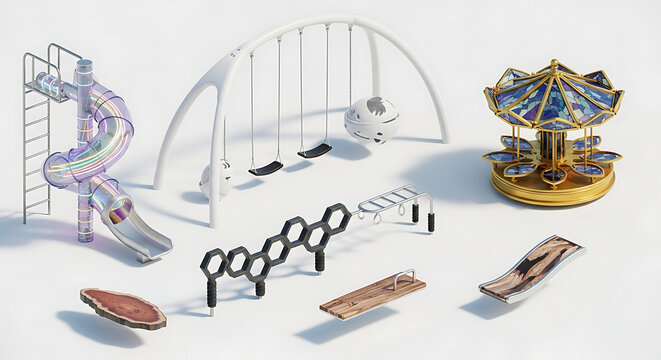Modern playground clipart collection featuring a futuristic iridescent slide white minimalist swing set and an ornate golden carousel on white
