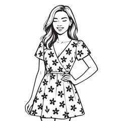 Fototapeta premium Vector art portrait of an elegant woman wearing a floral pattern dress, featuring graceful pose, soft expression, clean lines, and timeless fashionable beauty.