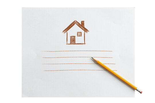 Drawing of a house on paper. Sketching a home design with pencil.