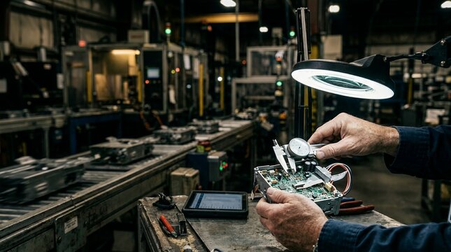 Skilled worker meticulously inspects electronic components under bright magnification lamp in a busy factory setting.