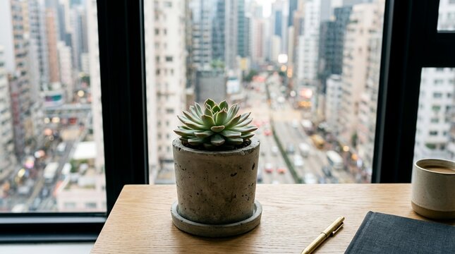 Succulent plant in pot on desk with city view through window.
