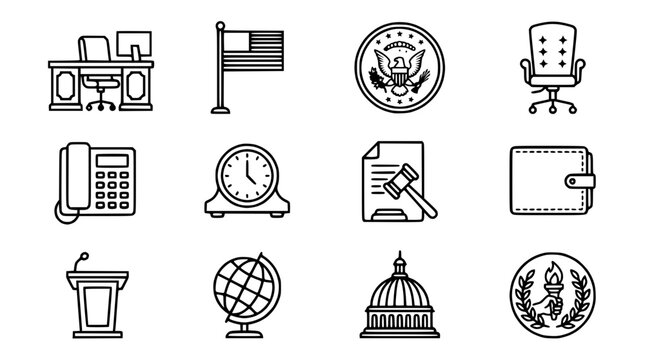 Government and Law Icons: Desk, Flag, Seal, Chair, Phone, Clock, Gavel, Wallet, Podium, Globe, Capitol, Emblem