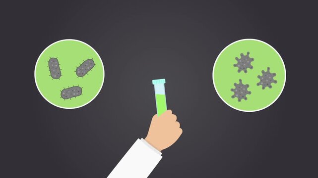 Virologist hand hold test tube with fluid sample. Zoom circle show floating germ animation
