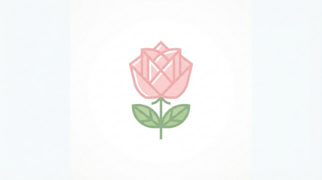 Minimalist pink rose illustration with geometric petal design and soft green leaves centered on a clean white background for modern floral graphics