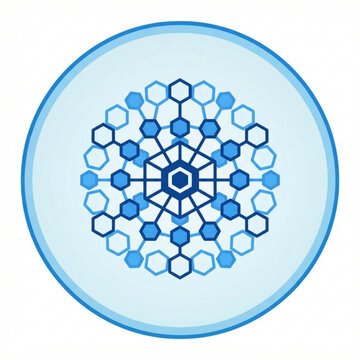 Abstract blue hexagonal network structure radiating from a central core symbol representing interconnected digital data systems with composed interconnected hexagons