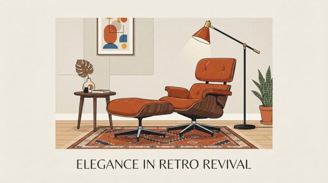 A stylish mid century modern lounge chair and ottoman set featuring warm wood accents and retro decor elements in a cozy minimalist living room setting