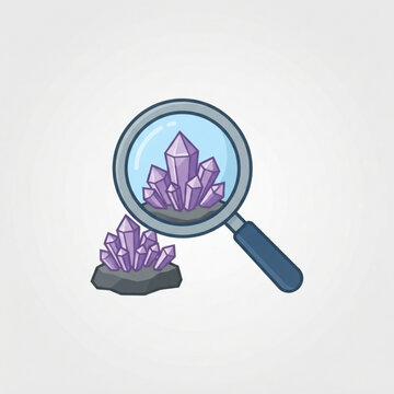 Magnifying glass examining a purple crystal cluster on a stone base as a flat vector illustration representing geological research with purple crystals resting