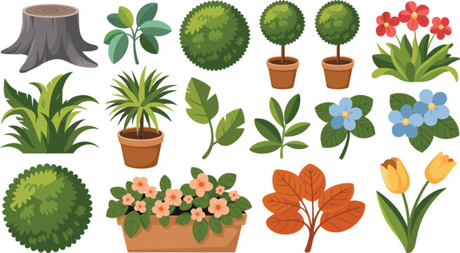 Garden Plants and Botanical Elements Vector Set Featuring Potted Plants, Bushes, Flowers, Tree Stump, Leaves, and Nature Illustration Collection