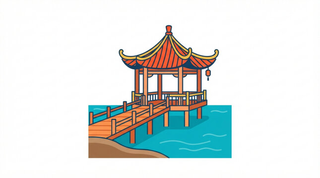 Minimalist vector illustration of a traditional oriental pavilion connected by a wooden pier extending over calm blue water against a white background