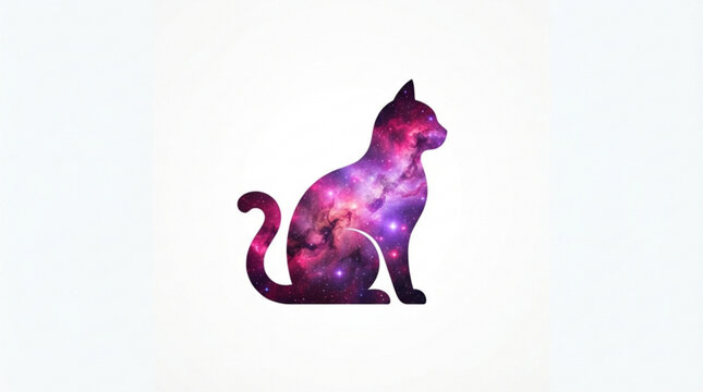 Minimalist silhouette of a sitting cat filled with vibrant deep space galaxy nebula patterns against a clean solid white background for design