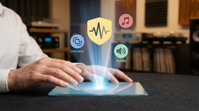 Futuristic music interface with holographic icons for audio, lossless, and music streaming, being controlled by a person using a glass touch surface.