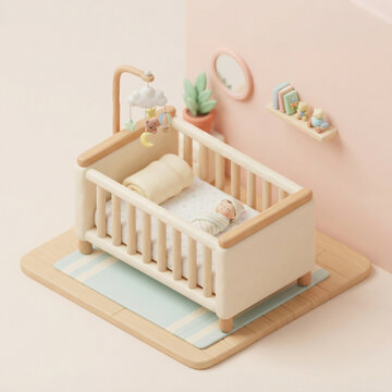 A miniature 3d rendered nursery scene featuring a sleeping newborn in a wooden crib with a hanging mobile and soft pastel decorations in a calm room